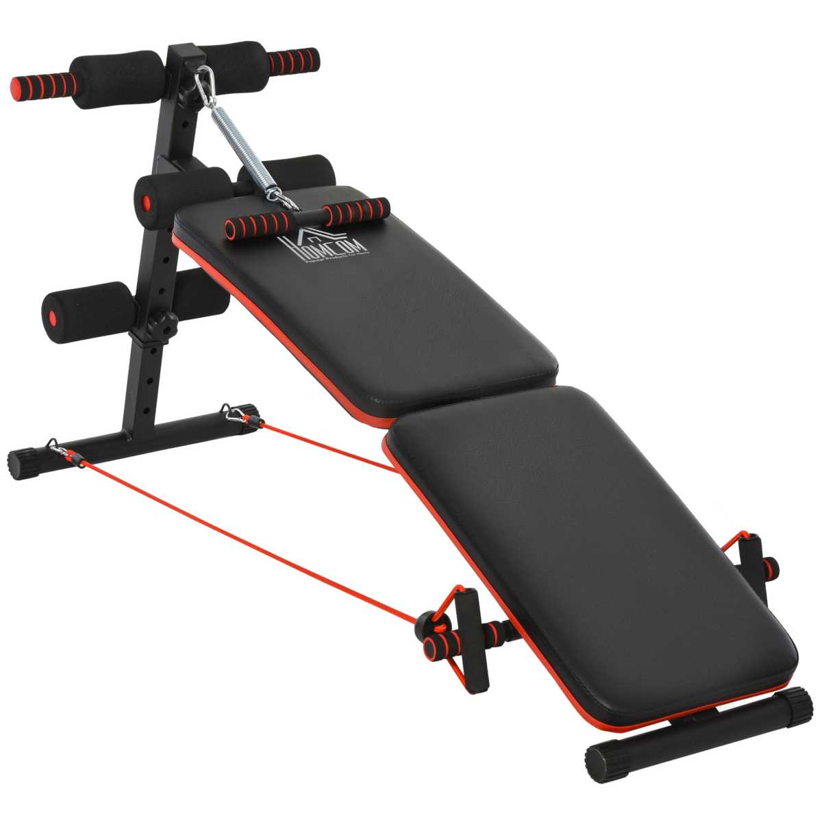 Foldable black sit-up bench for core workouts, designed for home gym use, featuring a sturdy frame and comfortable padding.