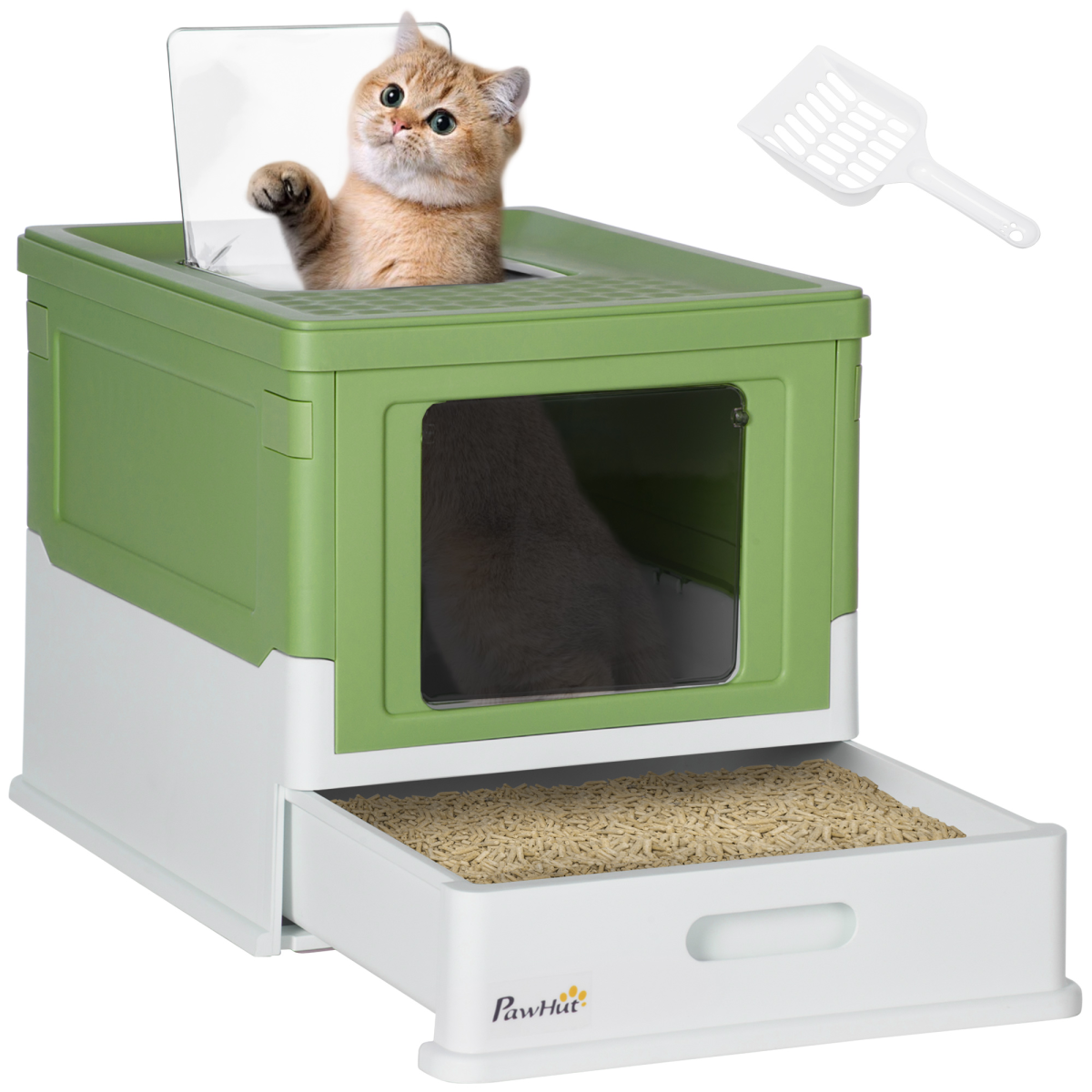 PawHut Hooded Cat Litter Box, Pet Toilet w/ Scoop, Tray - Light Green