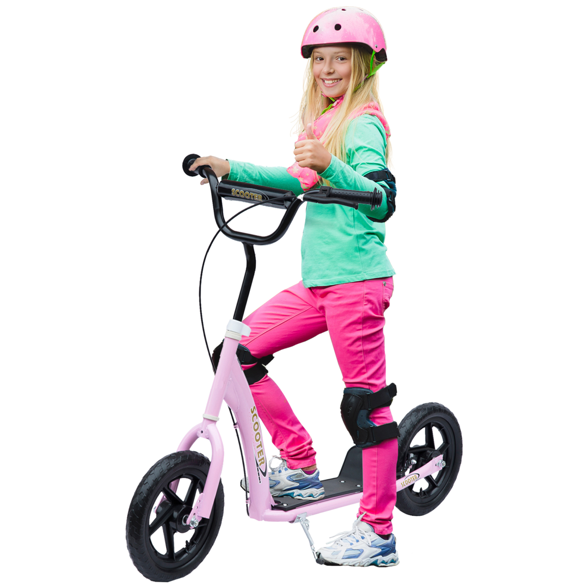 Teen stunt scooter in pink with 12" EVA wheels and adjustable height for ages 5+, showcasing its sleek design and sturdy build.