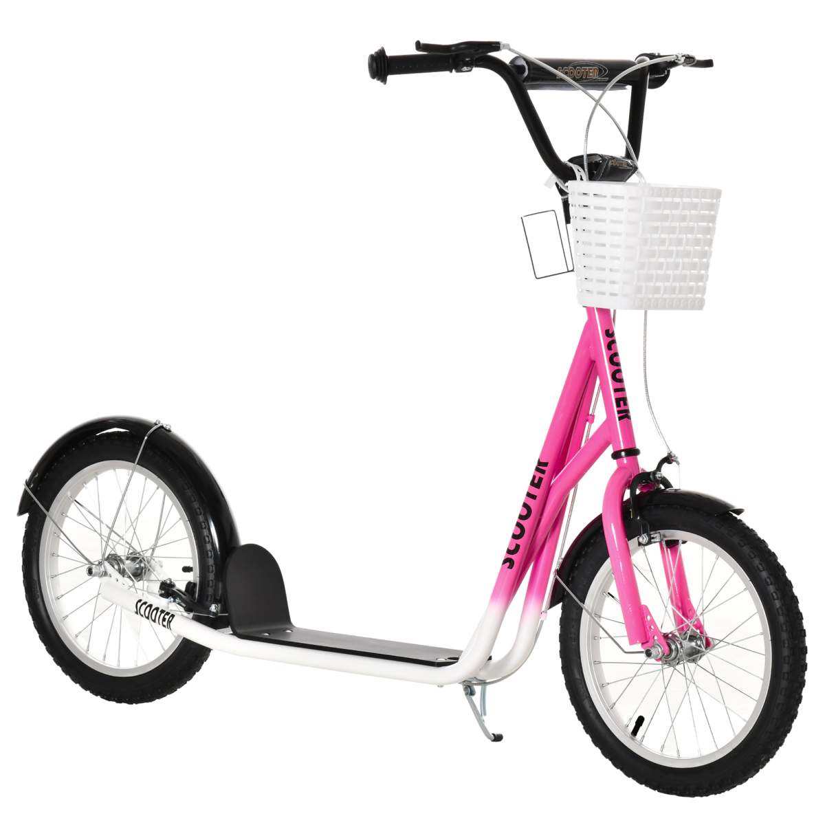 Kids Kick Scooter with basket and cup holder, featuring dual brakes, adjustable height for ages 5-12 by FunZone.