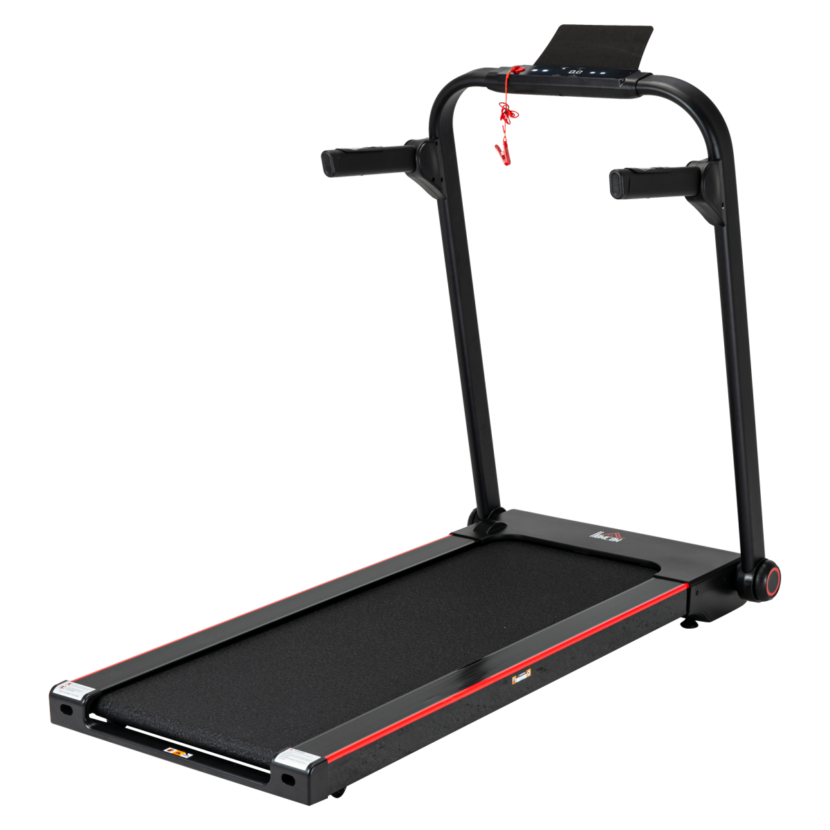 HOMCOM Electric Folding Treadmill with wheels, safety button, and LED monitor for convenient home workouts.