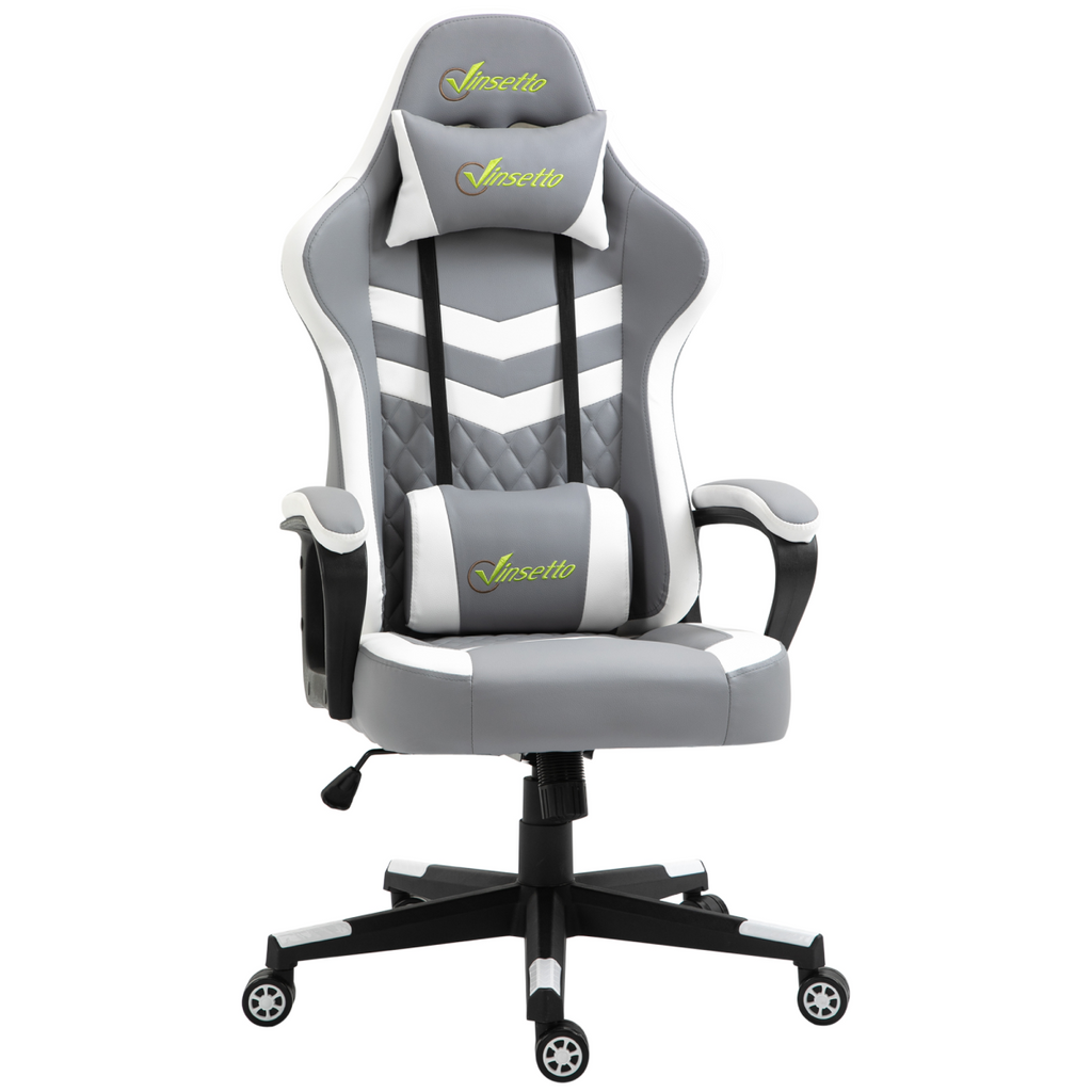 Grey and white Racing Gaming Chair with lumbar support and headrest, designed for gamers and office use.