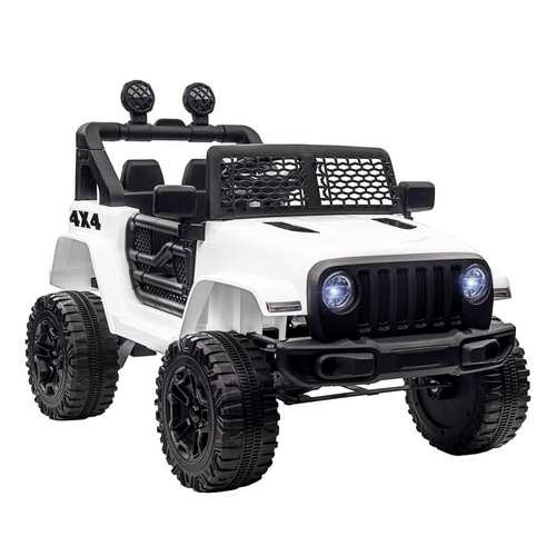 White 12V kids electric ride-on truck with remote control, off-road SUV design for ages 3-6.
