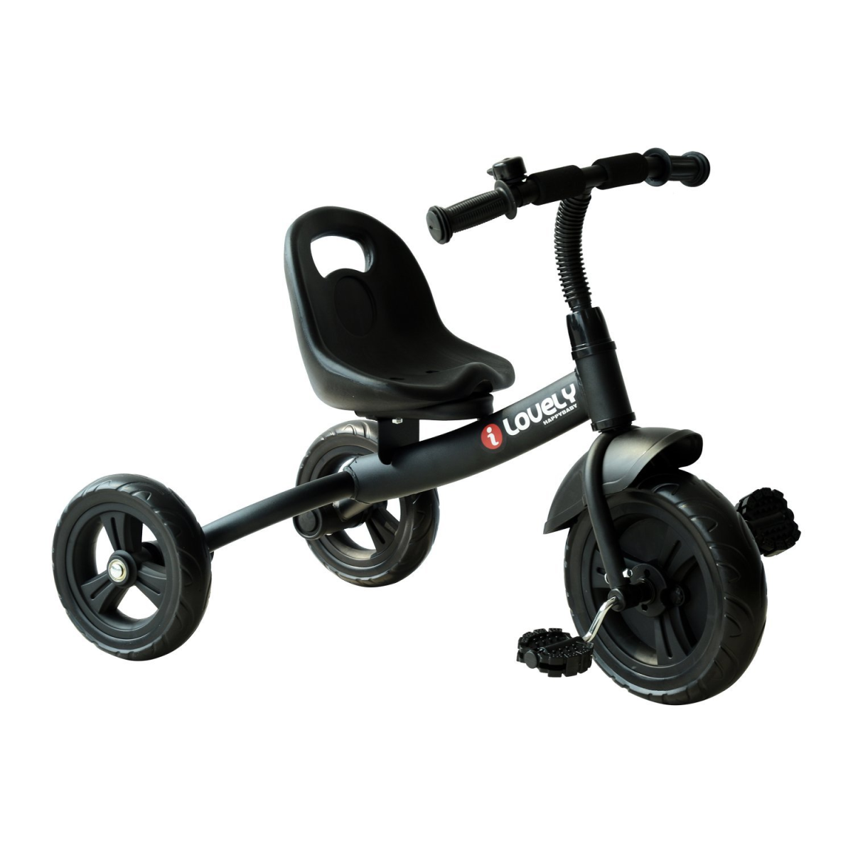 Black toddler tricycle with three wheels and adjustable seat, suitable for ages 18 months and older.