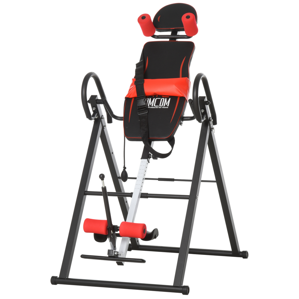 Adjustable Gravity Inversion Table with Safety Belt for muscle pain relief, featuring a sturdy frame and comfortable padding.
