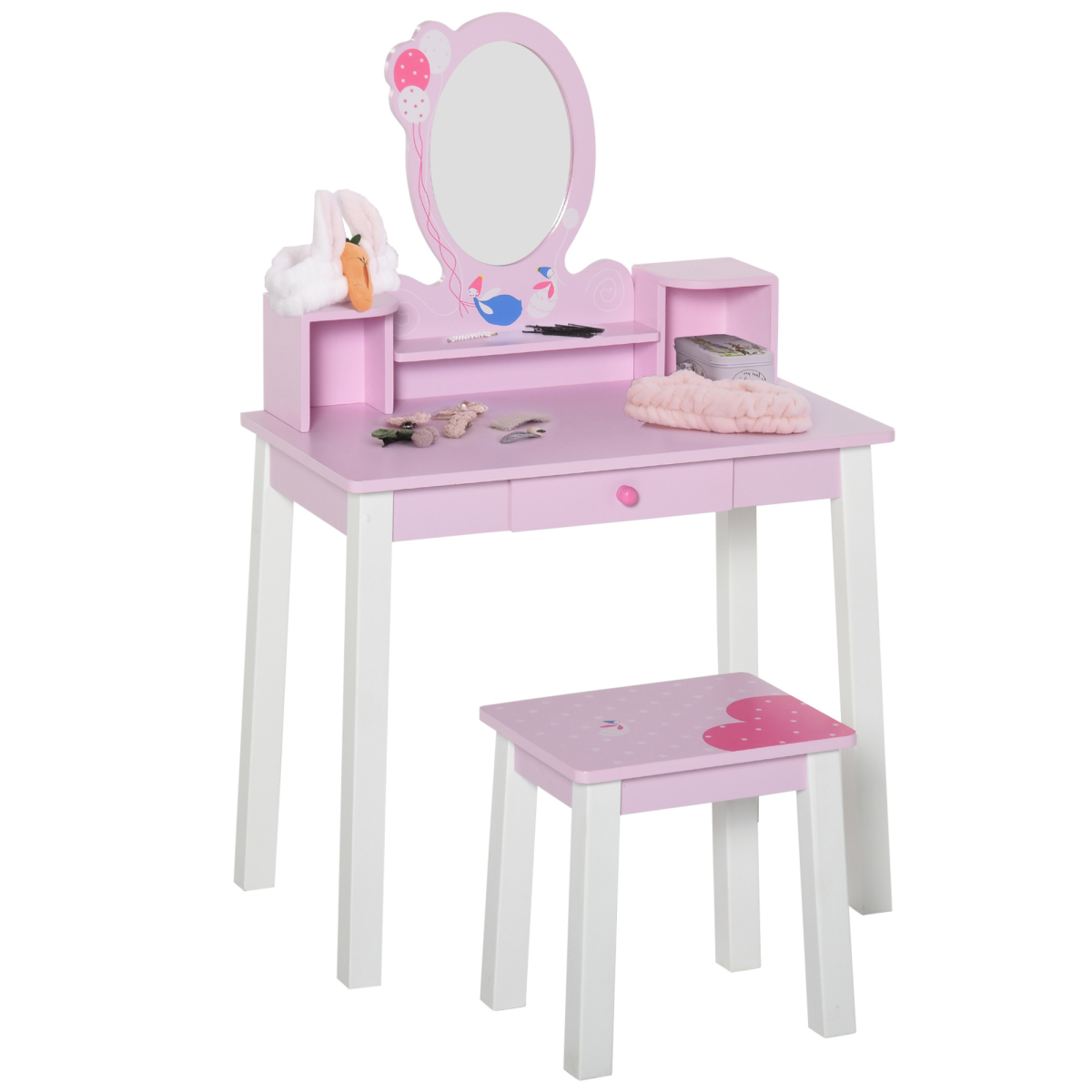 Kids dressing table and stool set in pink with cartoon patterns, featuring a mirror and storage compartments.