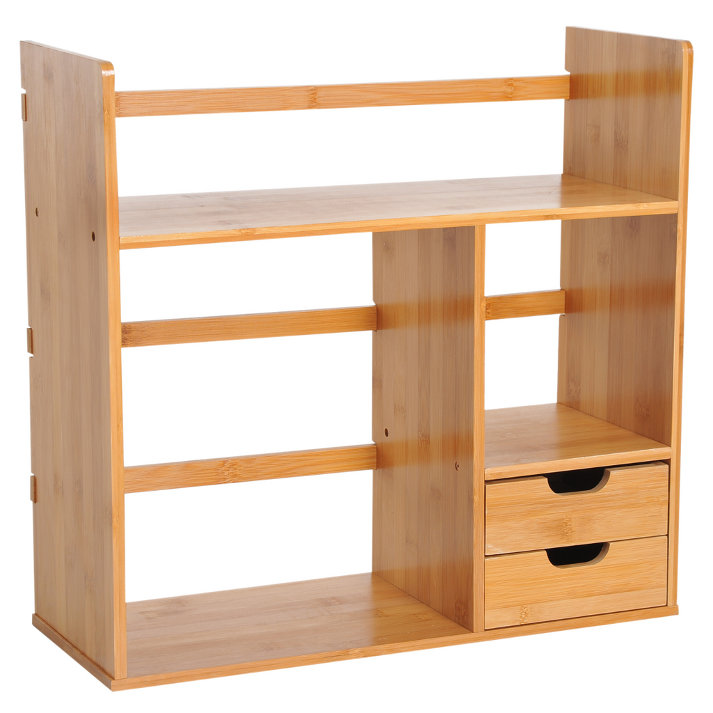 HOMCOM bamboo desk organiser with 180-degree rotatable design and two drawers, perfect for desktop storage.