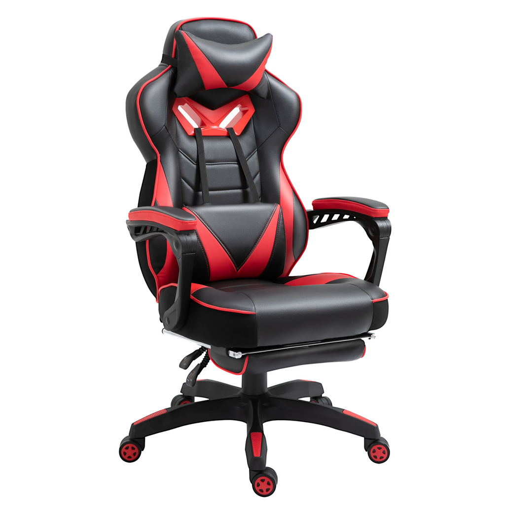 Red ergonomic gaming chair with reclining feature and manual footrest, designed for comfort in office or gaming setups.