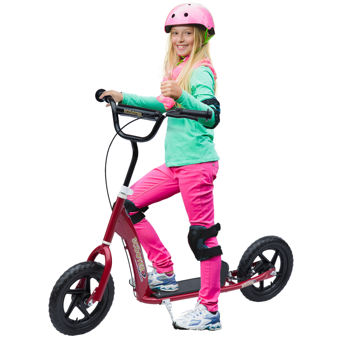 Red Teen Stunt Scooter with 12" EVA wheels, adjustable height, suitable for ages 5 and up, FunZone design.