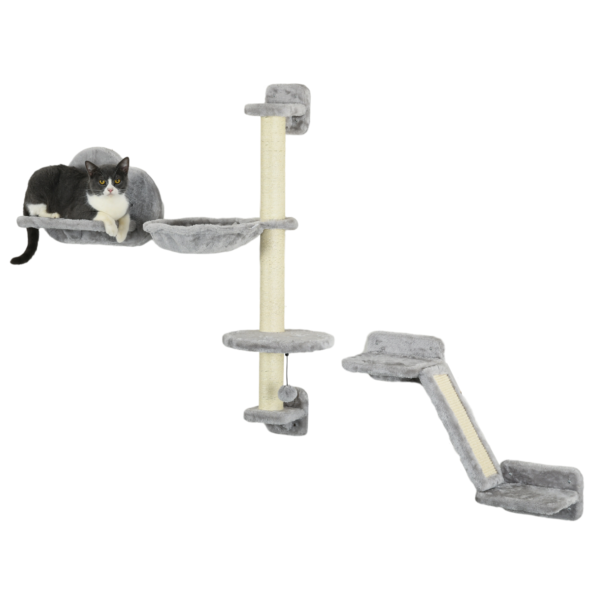 PawHut Cat Wall Furniture with Hammock Platforms Ladder Scratching Post - Grey
