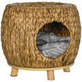 Rattan Cat House Stool, Wicker Kitten Bed for Outdoors and Indoors w/ Cushion