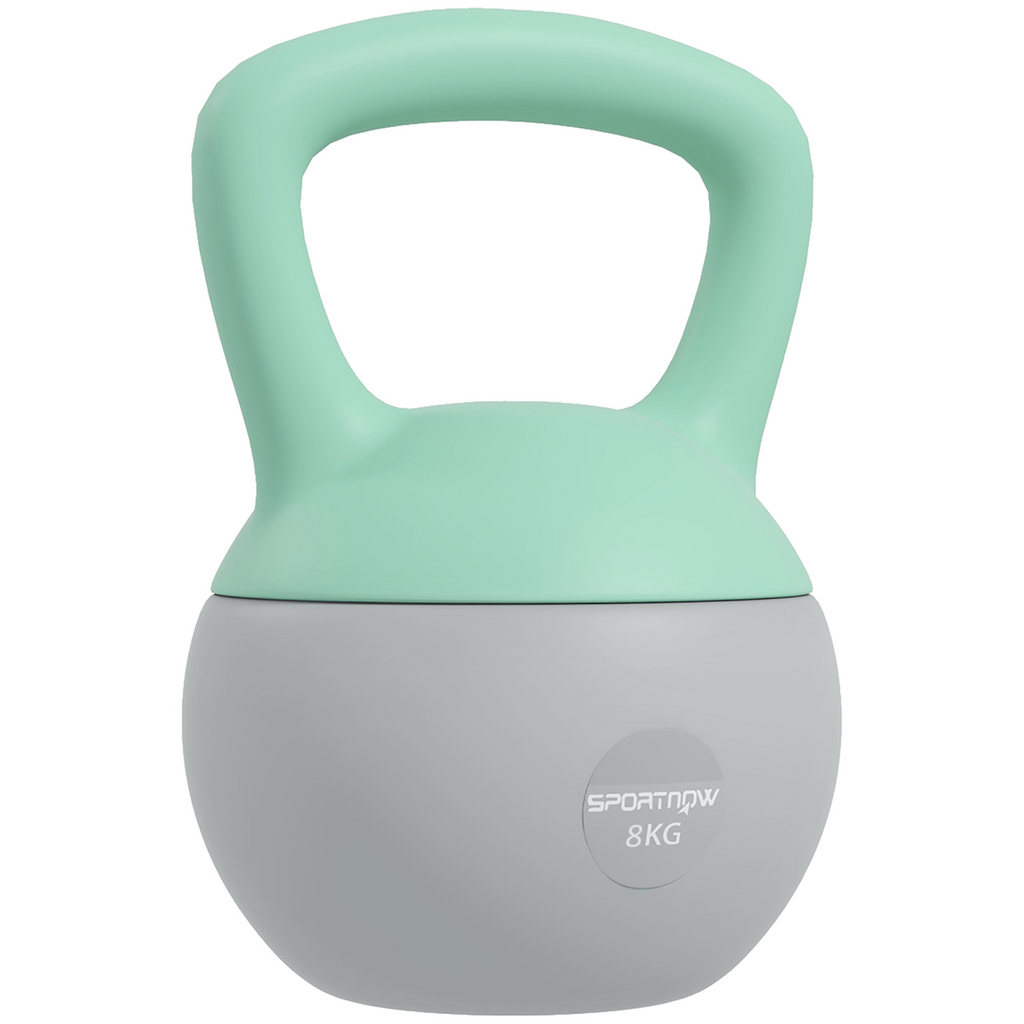 8KG SPORTNOW kettlebell with a soft body and non-slip handle in grey and green, placed on a gym floor.