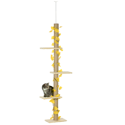 Yellow 242cm adjustable floor-to-ceiling cat tree by PawHut with anti-slip kit and multiple platforms for climbing.