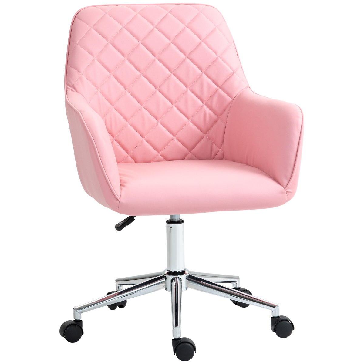 Vinsetto pink leather-feel fabric swivel office chair with armrests, designed for comfort and style in home offices.