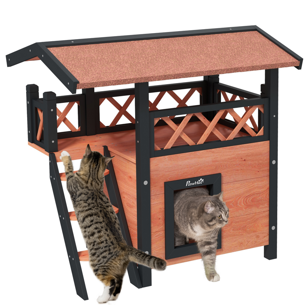 Brown PawHut outdoor cat house featuring a balcony, stairs, and a sloped roof for cats to rest and play.