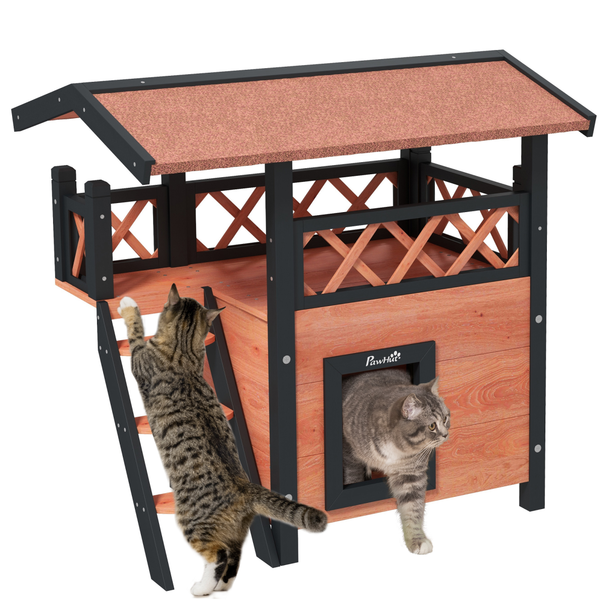 Brown PawHut outdoor cat house featuring a balcony, stairs, and a sloped roof for cats to rest and play.