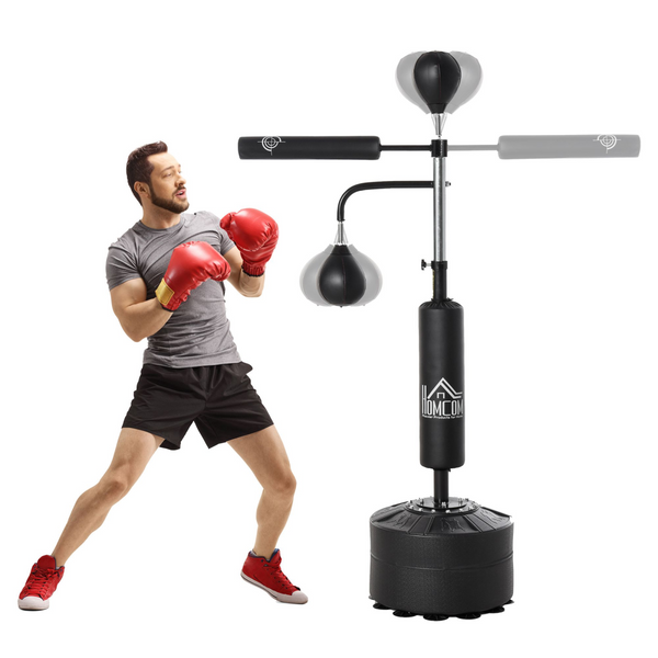 3-in-1 punching bag with stand, two speedballs, and a 360° reflex bar for versatile training and fitness workouts.