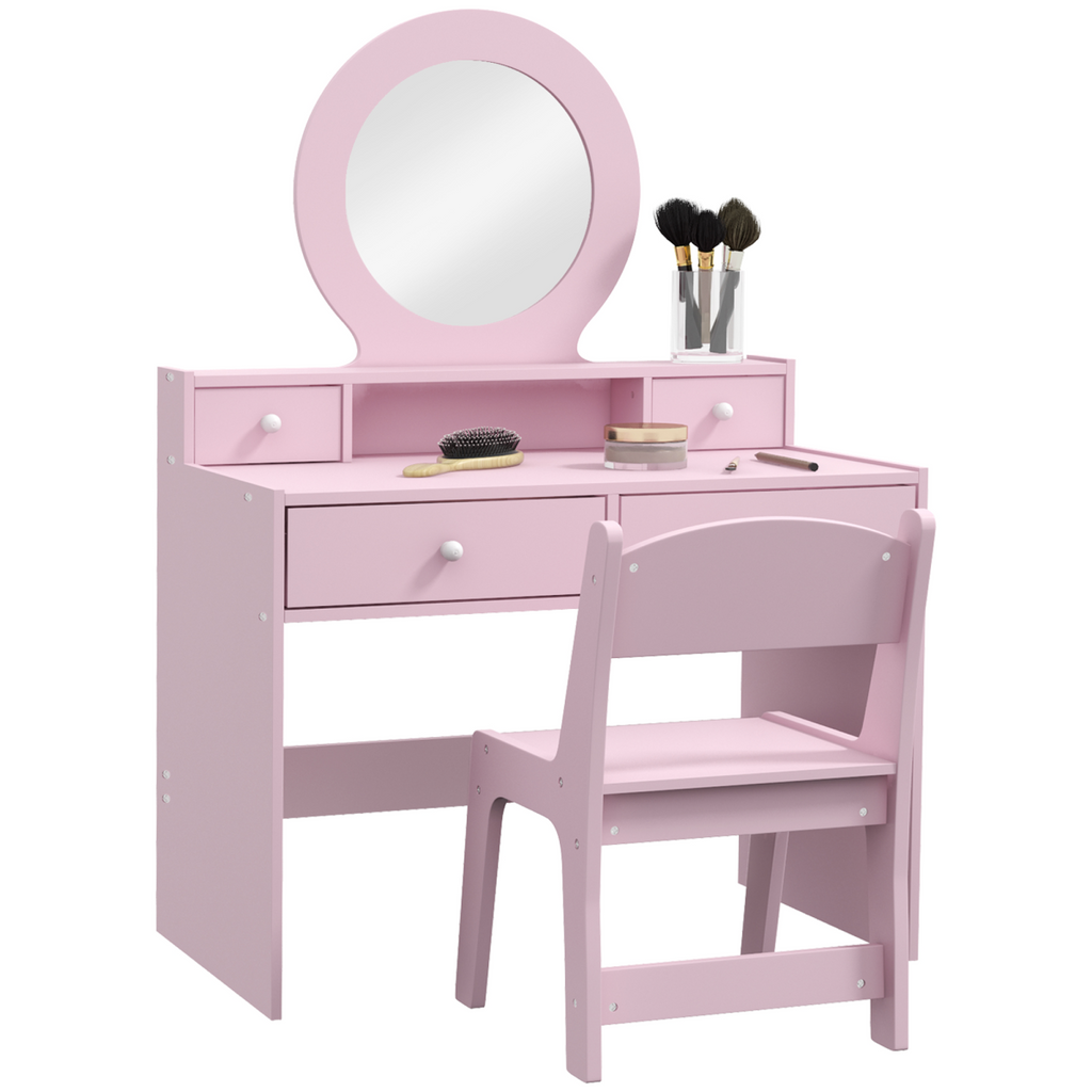 AIYAPLAY Kids Dressing Table Set in pink with stool, mirror, and drawers, perfect for imaginative play.