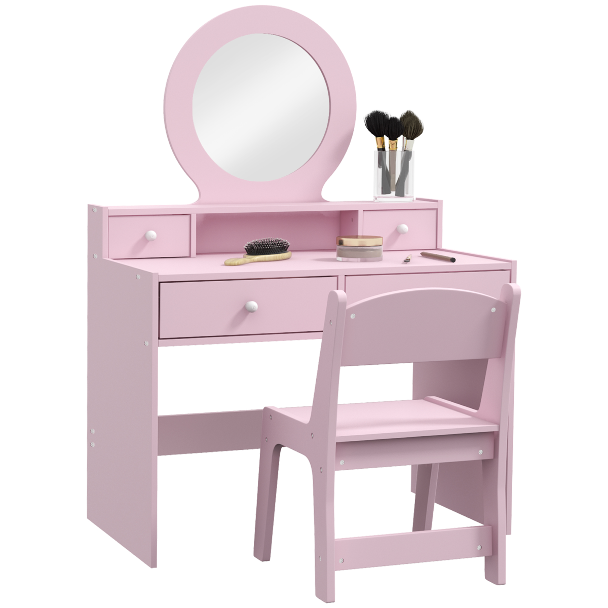 AIYAPLAY Kids Dressing Table Set in pink with stool, mirror, and drawers, perfect for imaginative play.