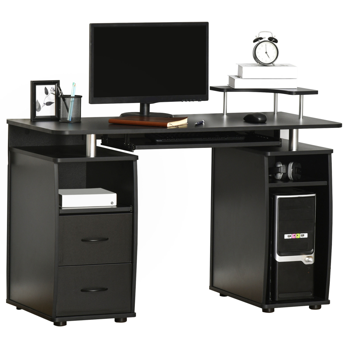 Black computer office desk featuring a keyboard tray, drawer, and monitor shelf by HomeCraft.