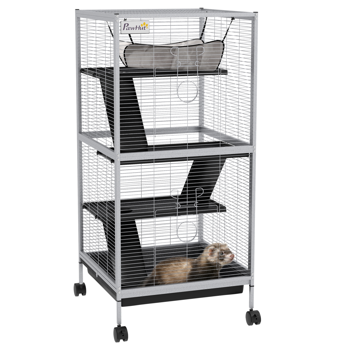 PawHut Rolling Small Animal Cage for Chinchillas Ferrets Kittens W/ Ramp Grey