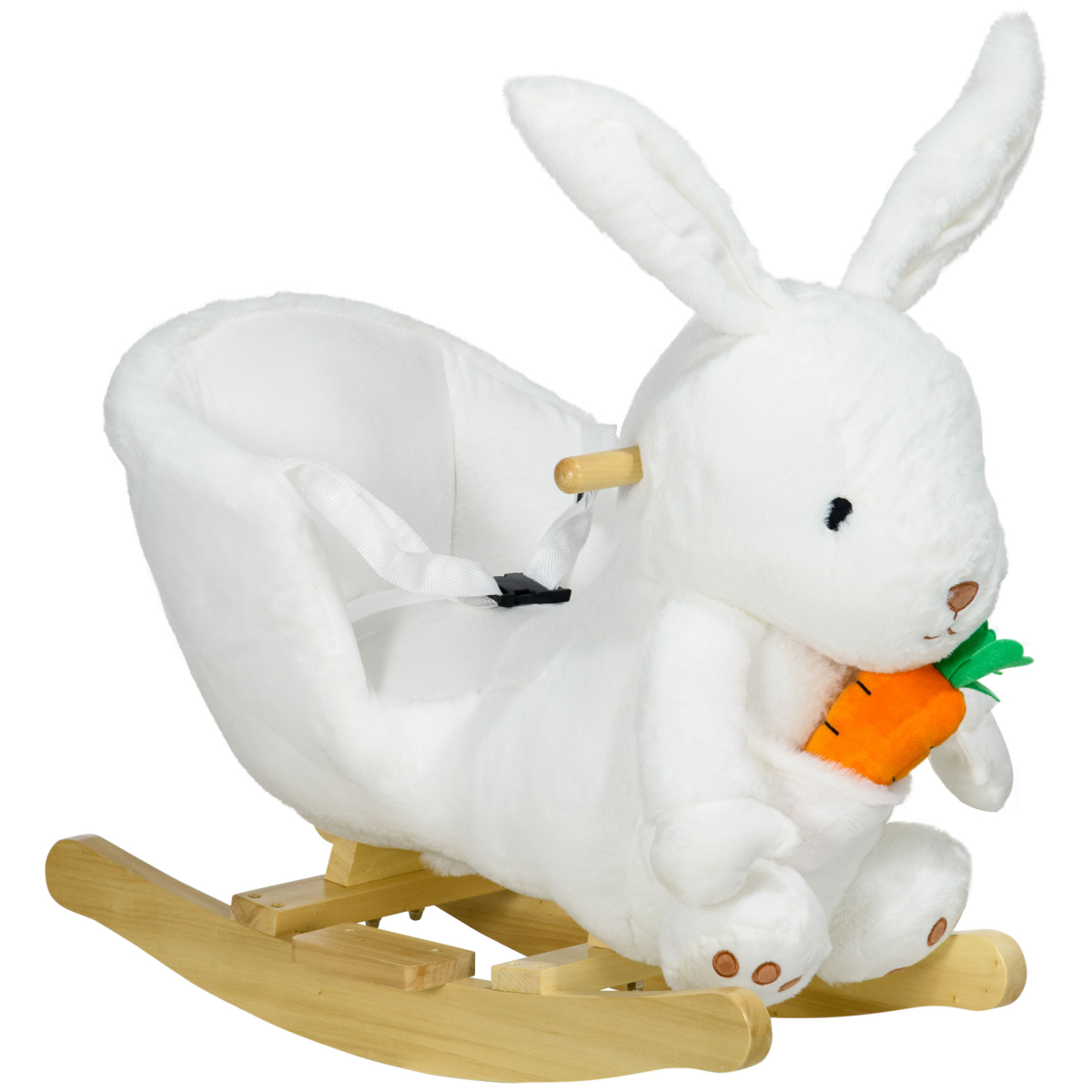 HOMCOM kids rabbit-shaped rocking horse with realistic sounds and safety belt in white color, perfect for playful rides.