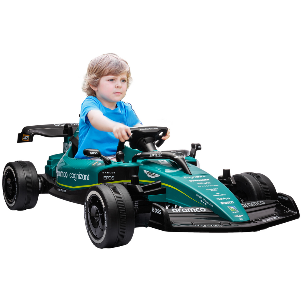AIYAPLAY 12V Electric Go Kart featuring shock-absorbing wheels, remote control, and Bluetooth connectivity.