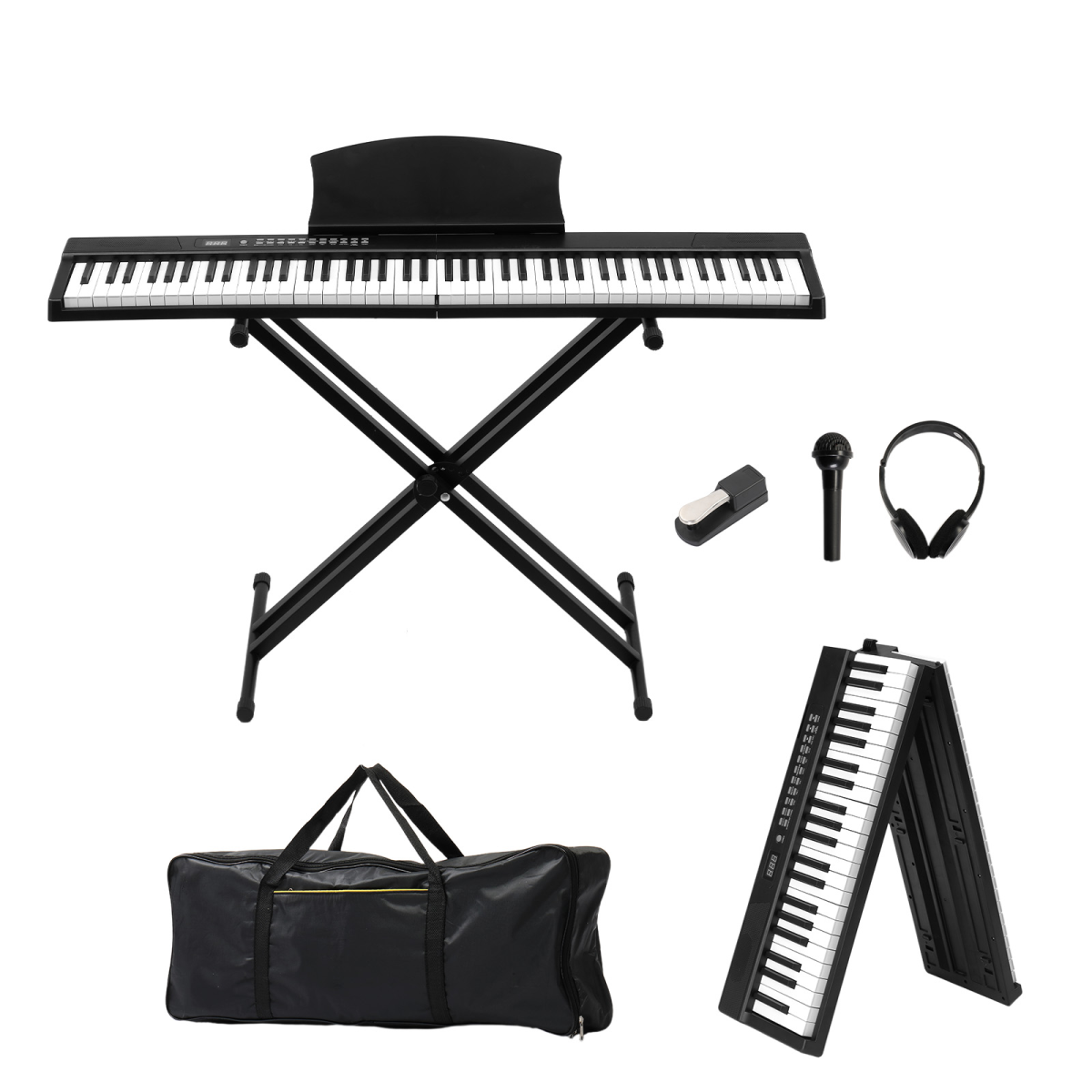 Glarry GPPS01-106 88 Key Folding Piano Semi-Weighted Standard Keyboards Digital Piano with double X type stand，MIDI Bluetooth, Handbag，Headphone，for Piano Lover Black color