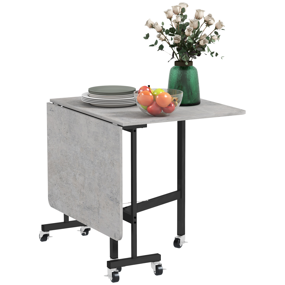 Grey drop leaf table on wheels by HOMCOM, ideal for small spaces, showcasing a compact and versatile folding design.