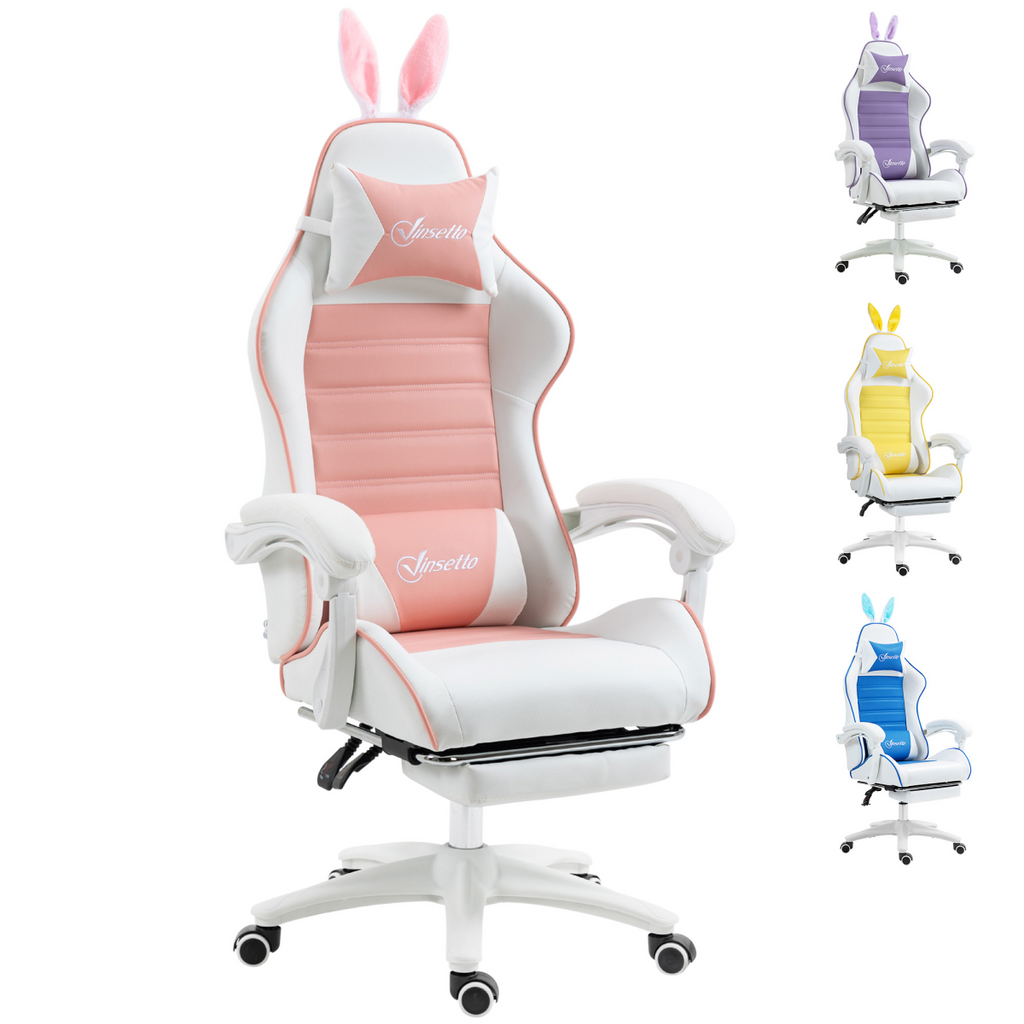 Vinsetto pink racing style gaming chair with footrest and removable rabbit ears, featuring ergonomic design and sleek look.
