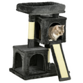 Cat Rest & Play Activity Tree with two house perches and scratching post in black by Pawhut. Ideal for feline fun.