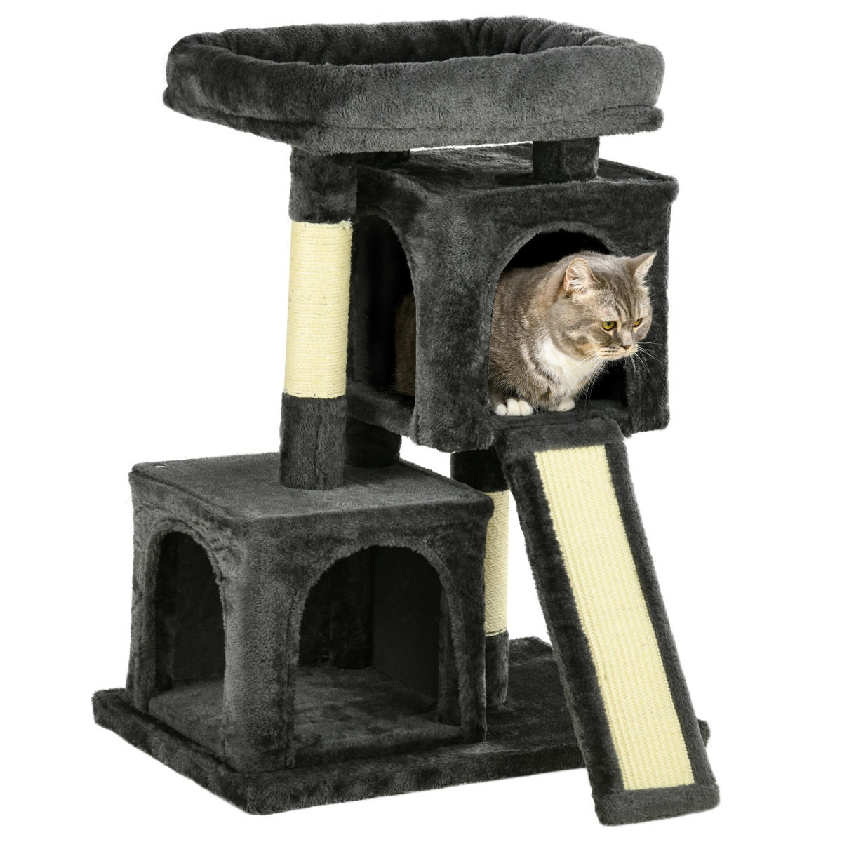 Cat Rest & Play Activity Tree with two house perches and scratching post in black by Pawhut. Ideal for feline fun.