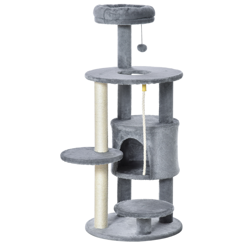 Dark grey Pawhut cat tree tower with hanging ball toy and teasing rope for feline play and relaxation.