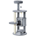 Dark grey Pawhut cat tree tower with hanging ball toy and teasing rope for feline play and relaxation.