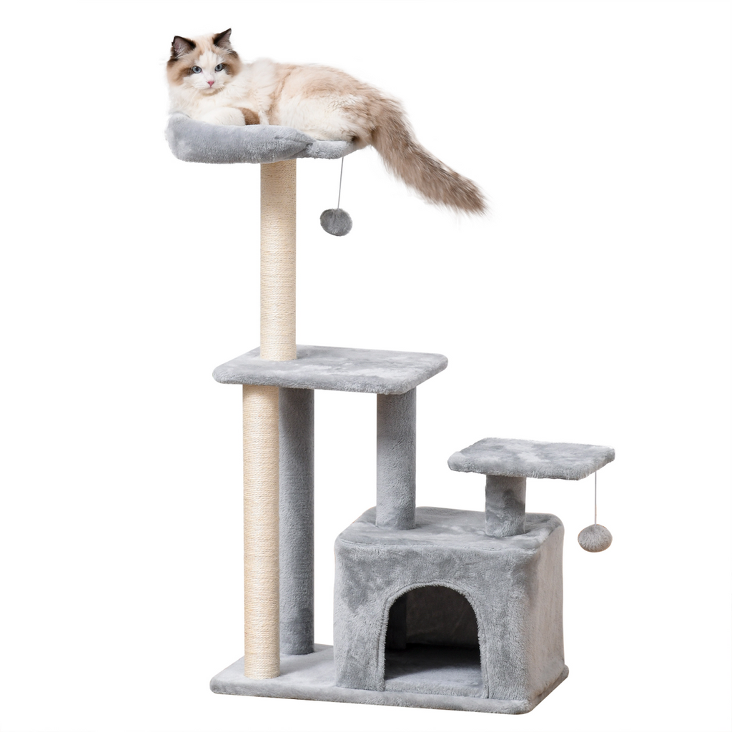 Pawhut cat tree tower with scratching posts, hanging ball, and condo, measuring 60x40x114cm, ideal for feline play and rest.