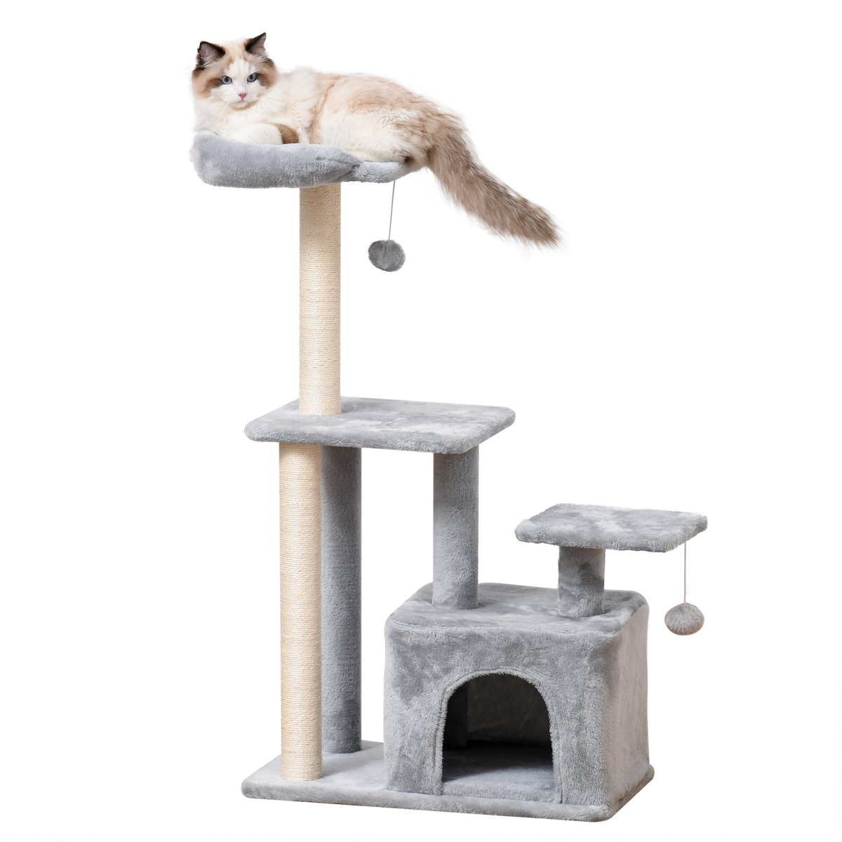 Pawhut cat tree tower with scratching posts, hanging ball, and condo, measuring 60x40x114cm, ideal for feline play and rest.