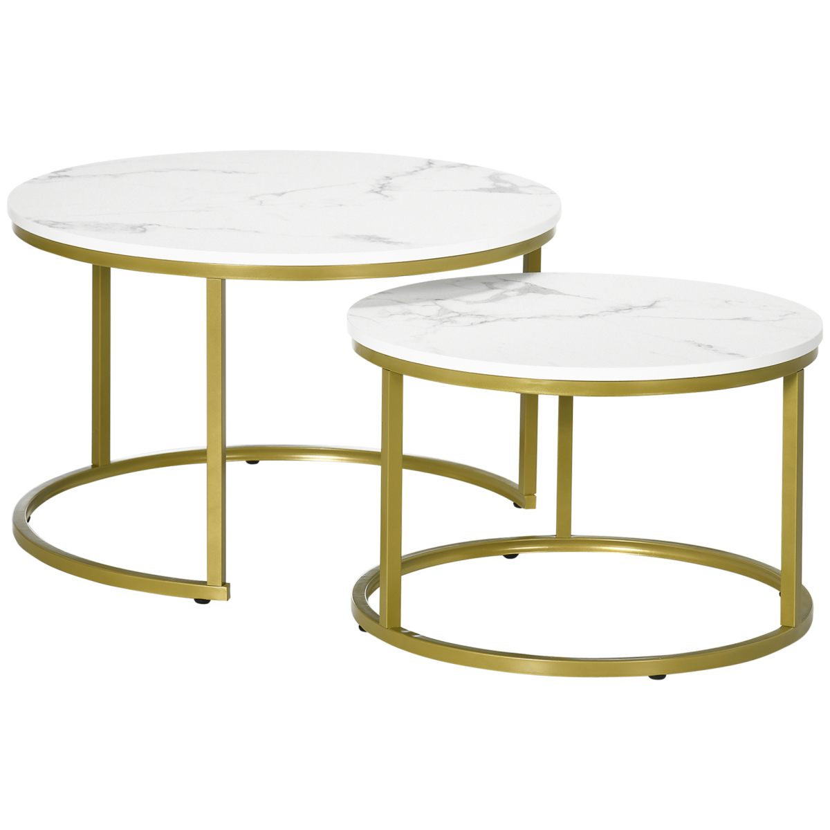 Set of 2 round nesting coffee tables with metal frame and marble effect by HOMCOM, showcasing a stylish home decor design.