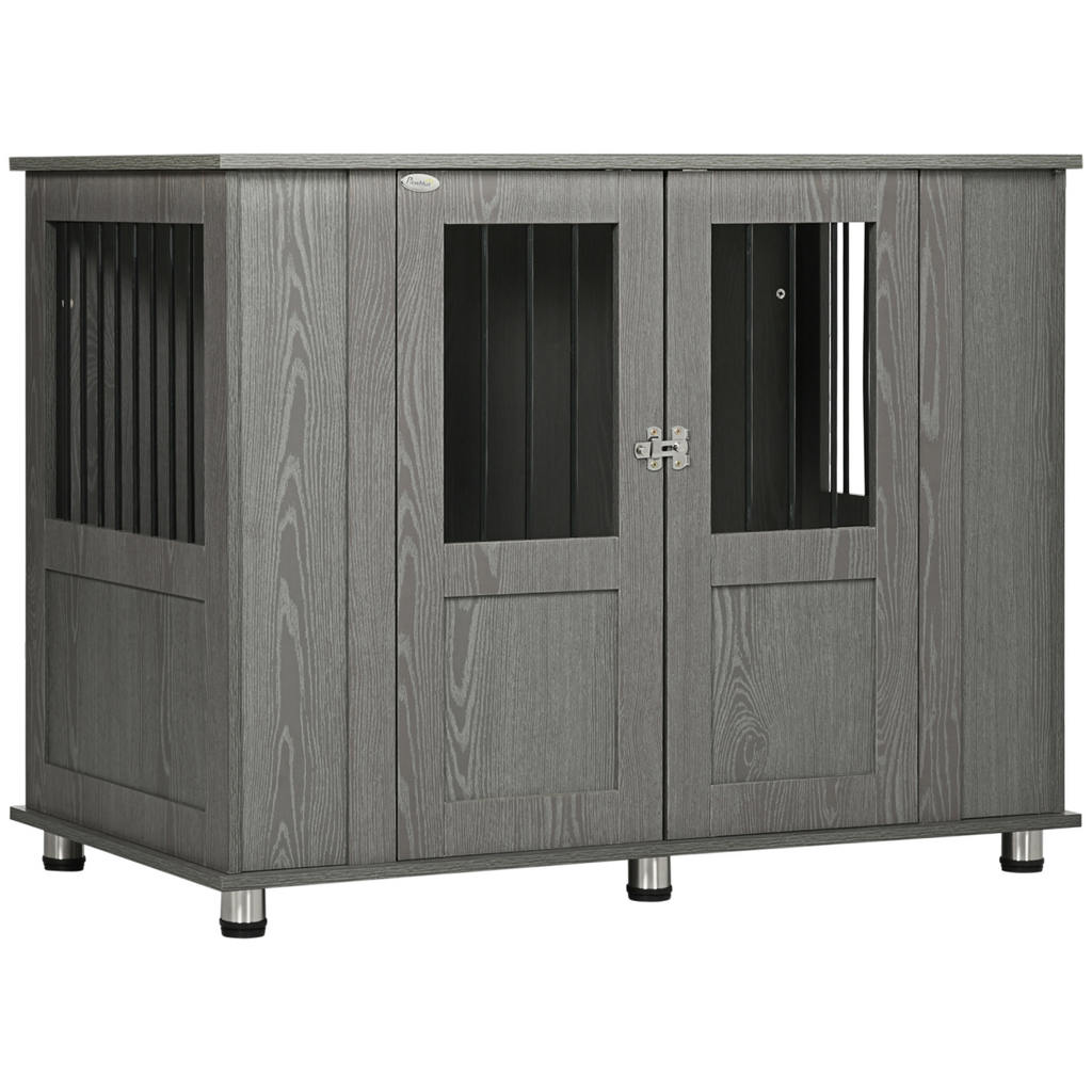 Extra large grey dog crate end table by PawHut, designed as a dual-purpose kennel cage for pets.