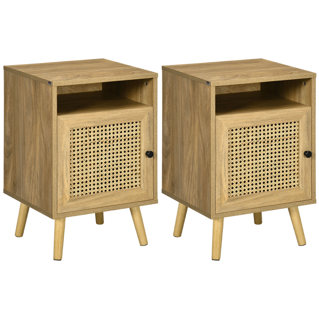 Natural wood rattan nightstand by HOMCOM featuring a cabinet and shelf, ideal for bedside storage and decor.