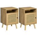 Natural wood rattan nightstand by HOMCOM featuring a cabinet and shelf, ideal for bedside storage and decor.