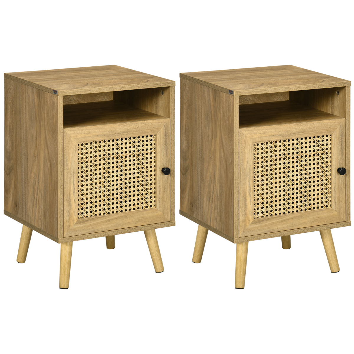Natural wood rattan nightstand by HOMCOM featuring a cabinet and shelf, ideal for bedside storage and decor.