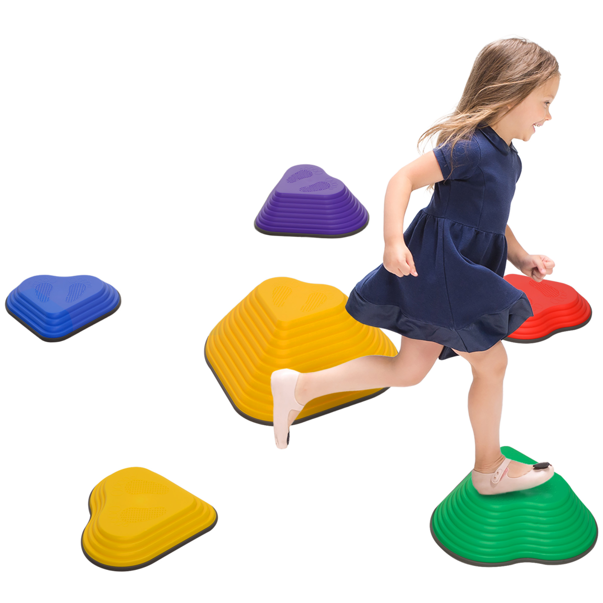 Colorful AIYAPLAY 6PC kids' stepping stones, non-slip and stackable, arranged on grass for outdoor play.