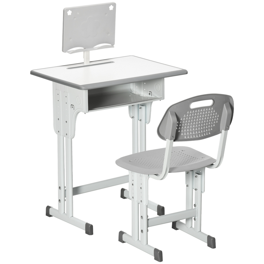 Grey Kids Desk and Chair Set by FunZone, adjustable height for ages 6-12, featuring a built-in book stand.