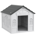 Grey PawHut weather-resistant dog house, designed as a cozy shelter for medium dogs, shown in outdoor setting.