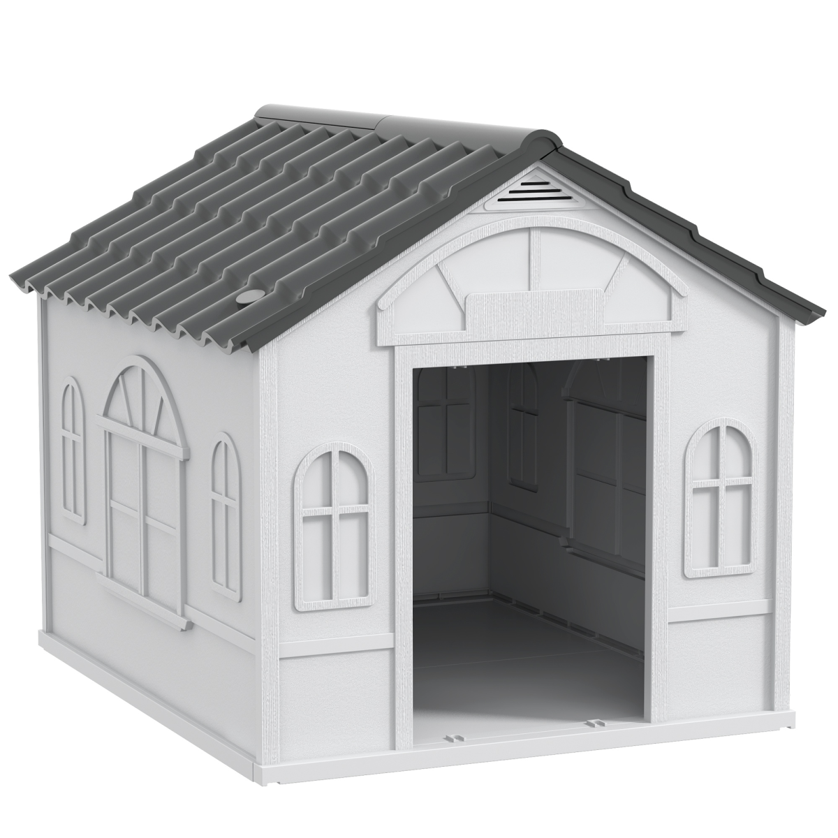 Grey PawHut weather-resistant dog house, designed as a cozy shelter for medium dogs, shown in outdoor setting.