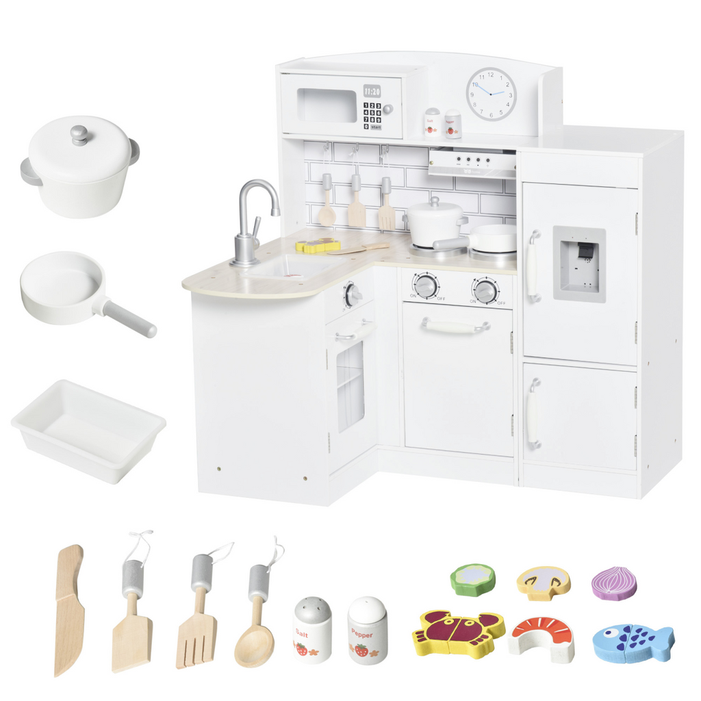 HOMCOM Kids Kitchen Play Kitchen Toy Set featuring a white drinking fountain and colorful accessories for imaginative play.