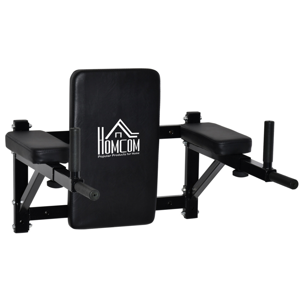 Wall mounted gym rack dip station with pull-up bar and knee leg raise equipment for strength training. ActiveGear brand.