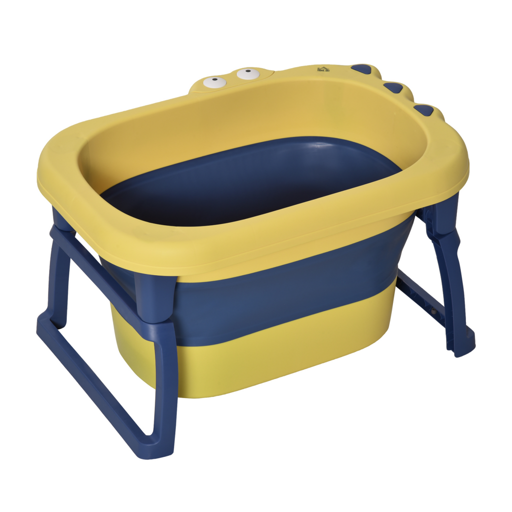 Foldable yellow baby bathtub by HOMCOM, designed for newborns, infants, and toddlers, includes a stool for convenience.