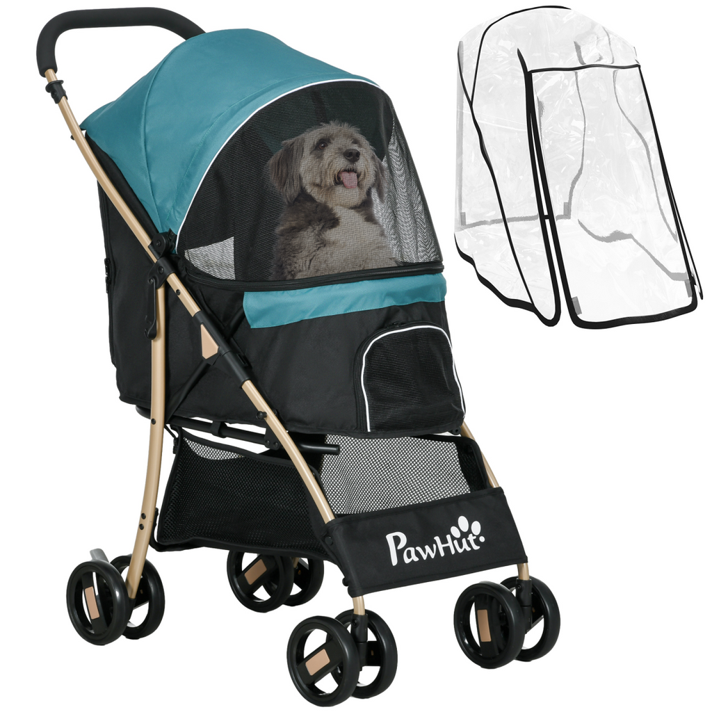 PawHut Pet Stroller for XS and S Dogs with Rain Cover - Dark Green
