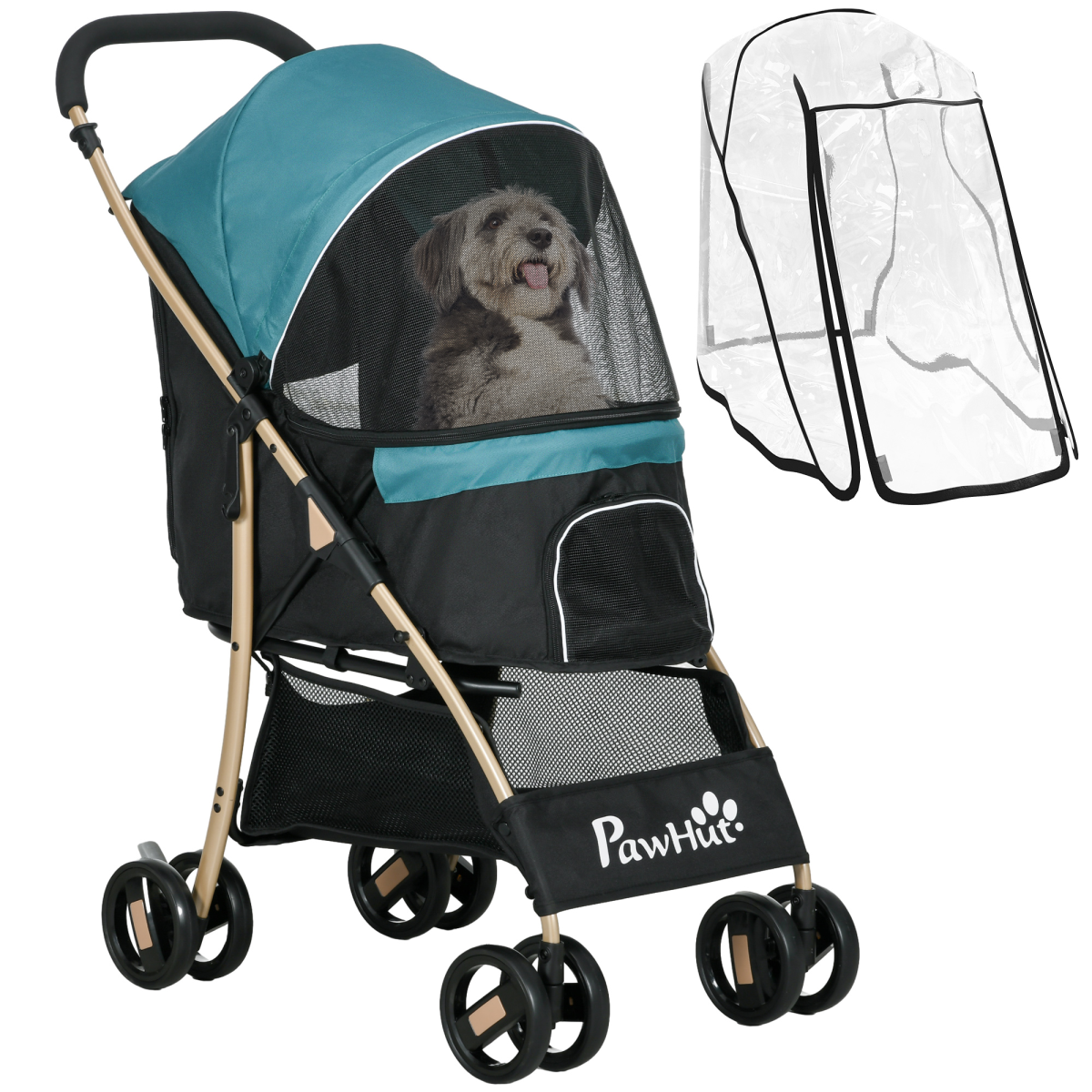 PawHut Pet Stroller for XS and S Dogs with Rain Cover - Dark Green